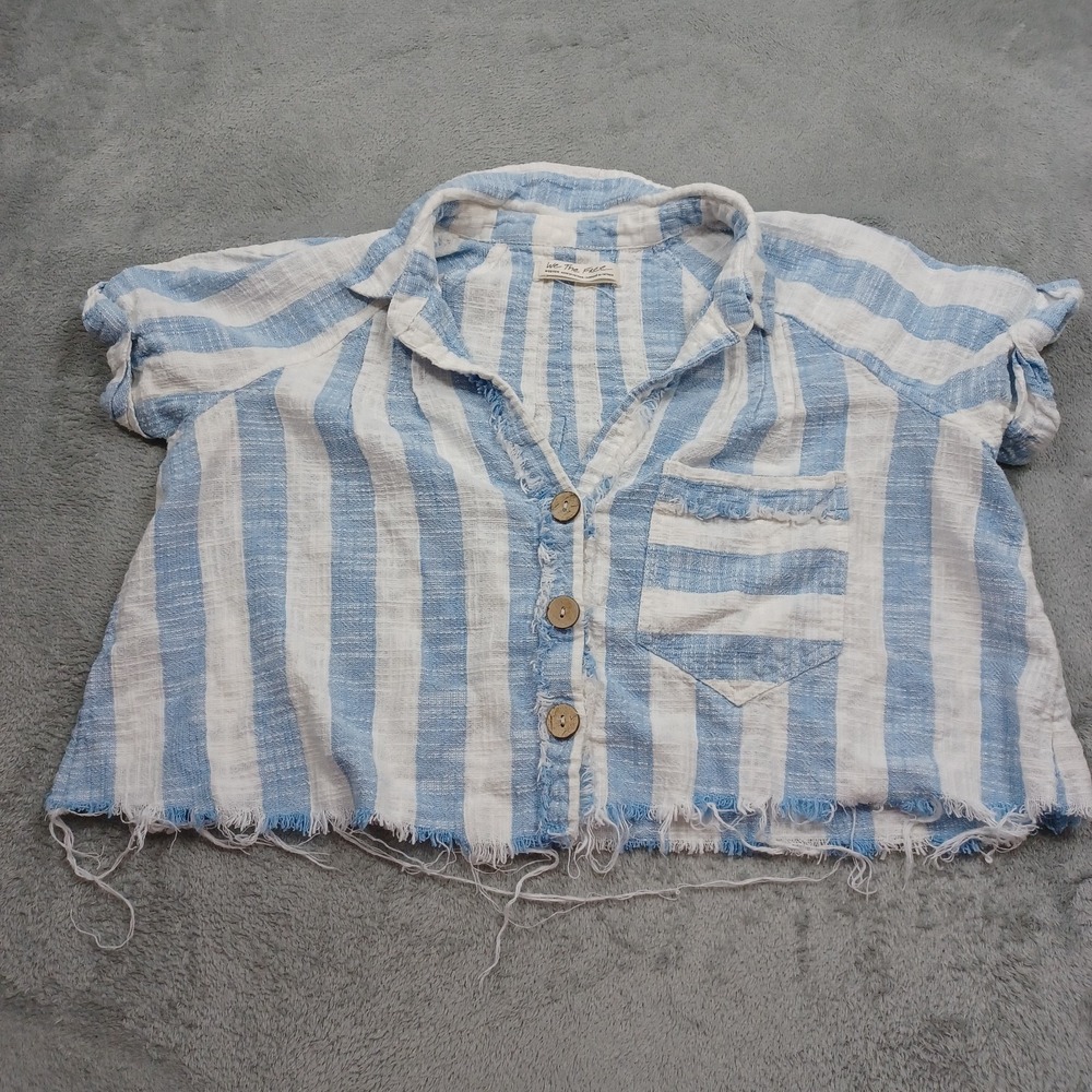 We The Free Top Womens Medium Blue Striped Cropped Short Sleeve Preppy